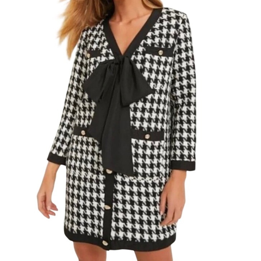 Pomander Place Black White Houndstooth Bow Mini Dress Gold Buttons Size M NEW
